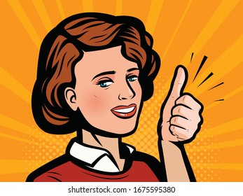 Young woman or businesswoman showing thumbs up. Retro comic pop art vector