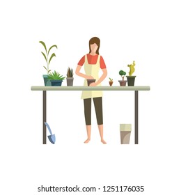 Young Woman Busy With Houseplants Flat Icon. Flower Shop, Floriculture, Greenhouse. Leisure Concept. Vector Illustration Can Be Used For Topics Like Hobby, Houseplants, Gardening