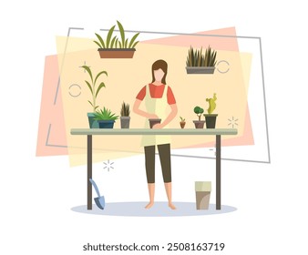 Young woman busy with houseplants. Flower shop, floriculture, greenhouse. Leisure concept. Vector illustration can be used for topics like hobby, houseplants, gardening