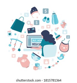 Young woman buy baby things via internet. Female character using computer for online shopping. Various goods, objects for a newborn baby. E-commerce technology, digital store. Flat vector illustration