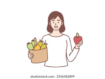 Young woman buyer consumer customer character choosing food products in grocery shop supermarket holding fruits in hand.