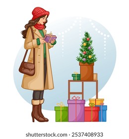 Young woman buying a Christmas present in store, conceptual illustration for holidays shopping, vector image, eps10