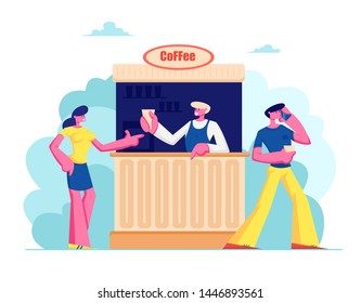 Young Woman Buying Coffee in Booth on Street. Summer Cafe with Drinks, Girl Buy Hot Beverages in Outdoor Cafeteria, Leisure, Walk, Spare Time, Salesman Serve Customer Cartoon Flat Vector Illustration