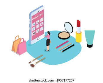 Young Woman Buying Cosmetics Online On The Mobile Phone While Standing With Shopping Bags And Beauty Equipments