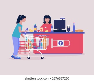 Young woman buying groceries at the supermarket checkout. Colorful flat vector illustration