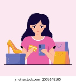 Young Woman Buying Online Shop with Mobile and Credit Card. E-wallet and Internet Payment Flat Vector Cartoon Design. Shopping bags, buying shoes. flat vector illustration