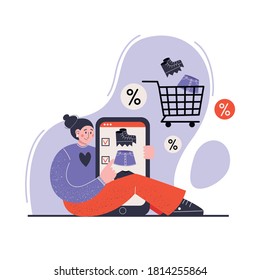 Young woman buying, ordering clothes in internet store. Concept of online shopping. Mobile shopping app. Flat vector illustration.