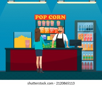 Young woman buying popcorn from salesman. Lady shopping in cinema food court vector illustration. Girl chooses snacks and drinks for watching movie in cinema. Seller sells popcorn, chips and soda