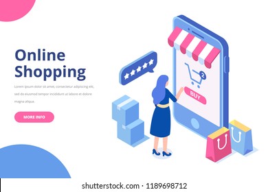 Young Woman buying things online. Big isometric mobile phone.Online shopping isometric concept. Big Sale. Flat vector illustration.