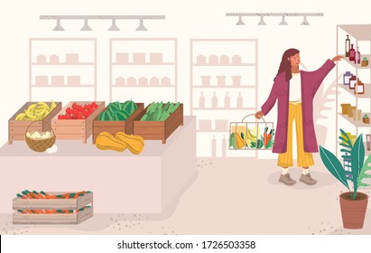 Junge Frau kauft Essen in einer Vektor-Illustration des Supermarktes in flachem Stil. Shopping im Geschäft. Der Kauf von gesunden Lebensmitteln, Obst und Gemüse. Handgezeichnete Vektorgrafik.