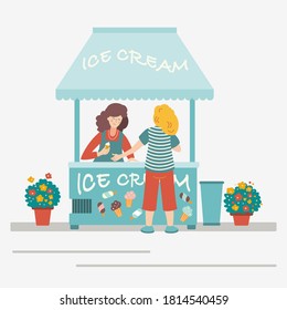 A young woman buys ice cream at stall  Vector illustration in flat style 