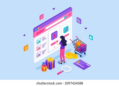 A Young Woman buys things in an online website store. Gift boxes, Credit cards, Shopping cart. Online shopping concept. Isometric Vector Illustration