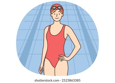 Mujer joven en la piscina. Una nadadora en traje de baño y gorra de baño. Deportes acuáticos. Ocio y ocio. Ilustración vectorial