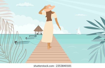 Young woman by the sea. Vector illustration 