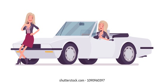 Young woman at cabriolet car. Caucasian millennial girl near vehicle with a roof folds down, blonde lady in trendy jacket, above knee skirt, youth urban fashion. Vector flat style cartoon illustration