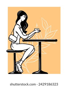 Young woman in a cafe. A girl drink coffee and talking. Vector illustration drawing