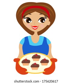 young woman with cake in hand,vector illustration