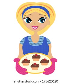 young woman with cake in hand,vector illustration
