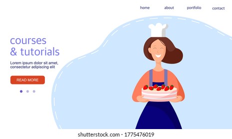 Young woman with a cake. Template for landing page