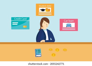Young woman calculating money for credit card, student loan, and car loan while sitting at home
