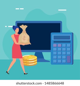 young woman with calculator math character
