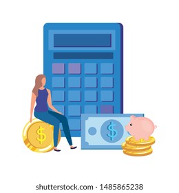 young woman with calculator and money