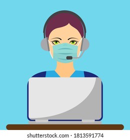 Young woman call center agent wearing a face mask