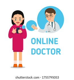 An young woman calls up a doctor. A doctor advises the patient the medicine on the phone. Health care and modern communication technology concept. Flat illustration on white background. Vector.
