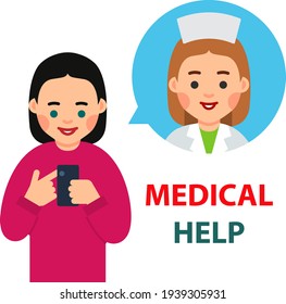 An young woman calls up a physician. Doctor provides medical care on the phone. Doctor in dialog bubble. Health care and modern communication technology concept. Flat illustration on white background
