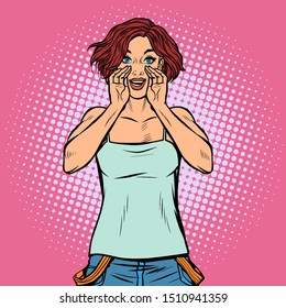 a young woman calls shouts. Pop art retro vector illustration drawing vintage kitsch