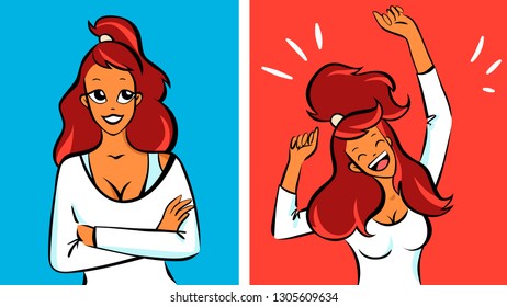 Young woman calm then very happy, vector illustration.