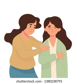 young woman calms her friend who is sad, best friend forever concept, young woman try to comfort her best friend from stress and sad, vector character illustration