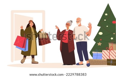 Young Woman came to Old Aged Parents with Christmas shopping bags,gifts, purchases to Celebrate Christmas and New Year together.Decorated Christmas Tree,Family winter holiday.Flat vector illustration