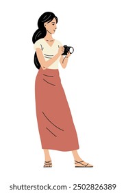 Young woman with a camera. Photographer, tourist and paparazzi. Creative profession. Seeker of adventures. Flat vector illustration isolated on white background