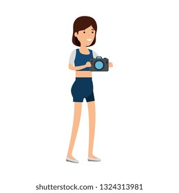 young woman with camera photographic