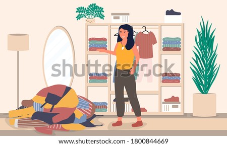 Young woman cannot choose between clothes, standing looking at a pile of garments on the floor, colored vector illustration
