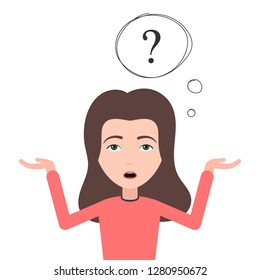 Young woman can't find the answer to the question. The woman with a shrug thinking about the solution to the problem. Vector illustration isolated on white background