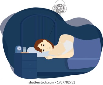 Young woman can't sleep at night. Disorder, insomnia, sick, depression, sleeping pills. Concept. Vector illustration. Isolated.