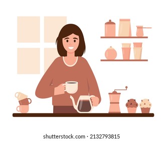 Young woman with cap of Coffee in kitchen at home. Female person barista in coffee shop. Flat or cartoon character Vector illustration.