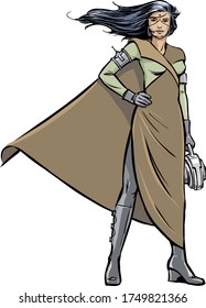 young woman with cape and futuristic outdoor clothing