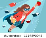 Young woman in cape and mask flying through air in superhero pose, looking confident and happy, holding an apple and folder with papers, open books around. Teacher, student, education learning concept