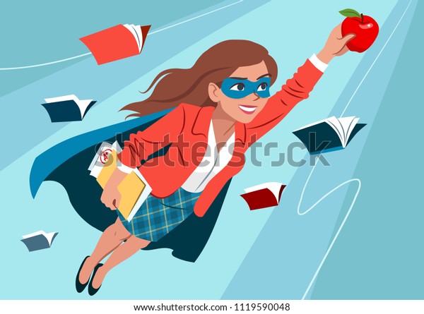 Young woman in cape and mask flying through air\
in superhero pose, looking confident and happy, holding an apple\
and folder with papers, open books around. Teacher, student,\
education learning\
concept