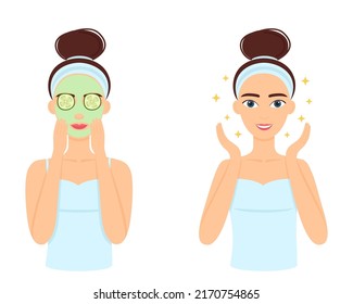 La joven cuida su cara de piel. Procedimiento de tratamiento facial. Ilustración del vector