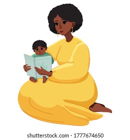 
A young woman carefully reads fairy tales to a child. The kid sits on his mother’s lap and looks with interest at the book. Vector illustration isolated on a white background.