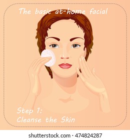 Young woman cares and protects her face with cleanse the skin. Beauty facial procedure vector illustration. Face care with lotion. 