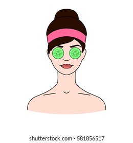 Young woman cares and protects her face with cucumber slices, facial treatment. Beauty facial procedures. Face, eye care. Isolated on a white.