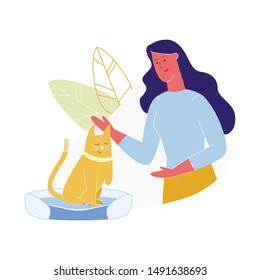 Young Woman Caress Cat Without Front Leg, Pet with Amputated Paw, Animal with Disability, Girl Character Spend Time with Domestic Animal, Human and Animal Relations. Cartoon Flat Vector Illustration