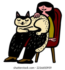 Young woman caresses her cat on her lap