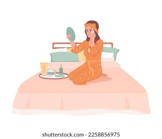 Young woman caring about skin before sleep semi flat color vector character. Editable figure. Full body person on white. Simple cartoon style illustration for web graphic design and animation