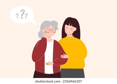 Young woman caring her grandma. Social help. Care senior, volunteer works with elderly helps supports them. Old people, memory loss, dementia, Alzheimer mental health disorder concept.